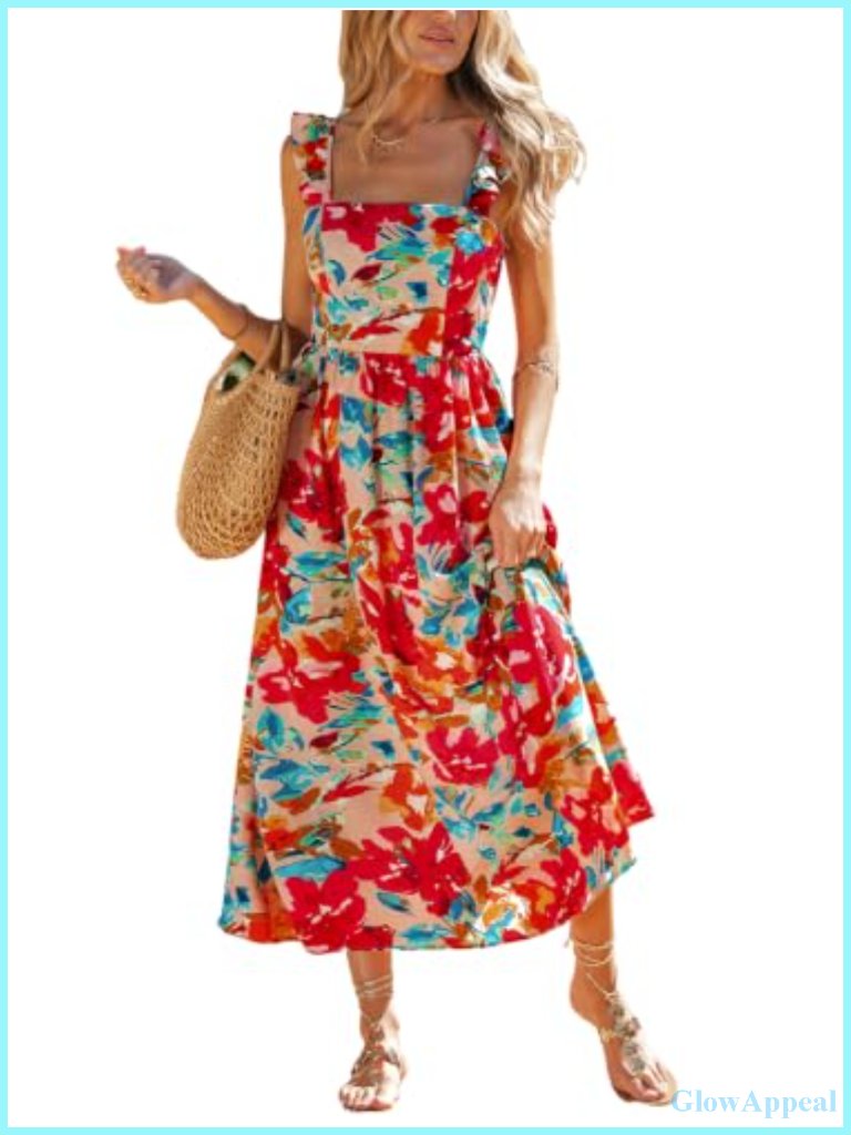 Boho Floral Midi Sundress Square Neck Ruffle Sleeveless Smocked Bow Dress